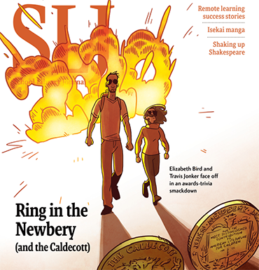 SLJcover awardsTrivia sample A cover of the School Library Journal featuring Betsy (seated, in the middle) along with other authors, all of whom are also bloggers.